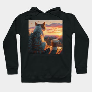 funny cat watching sunset with coffee, funny cats and coffee, cats lover Hoodie